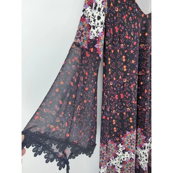 Prelude Black Dress Lace Bell Sleeves with Floral Print SIze M - Picture 4 of 12